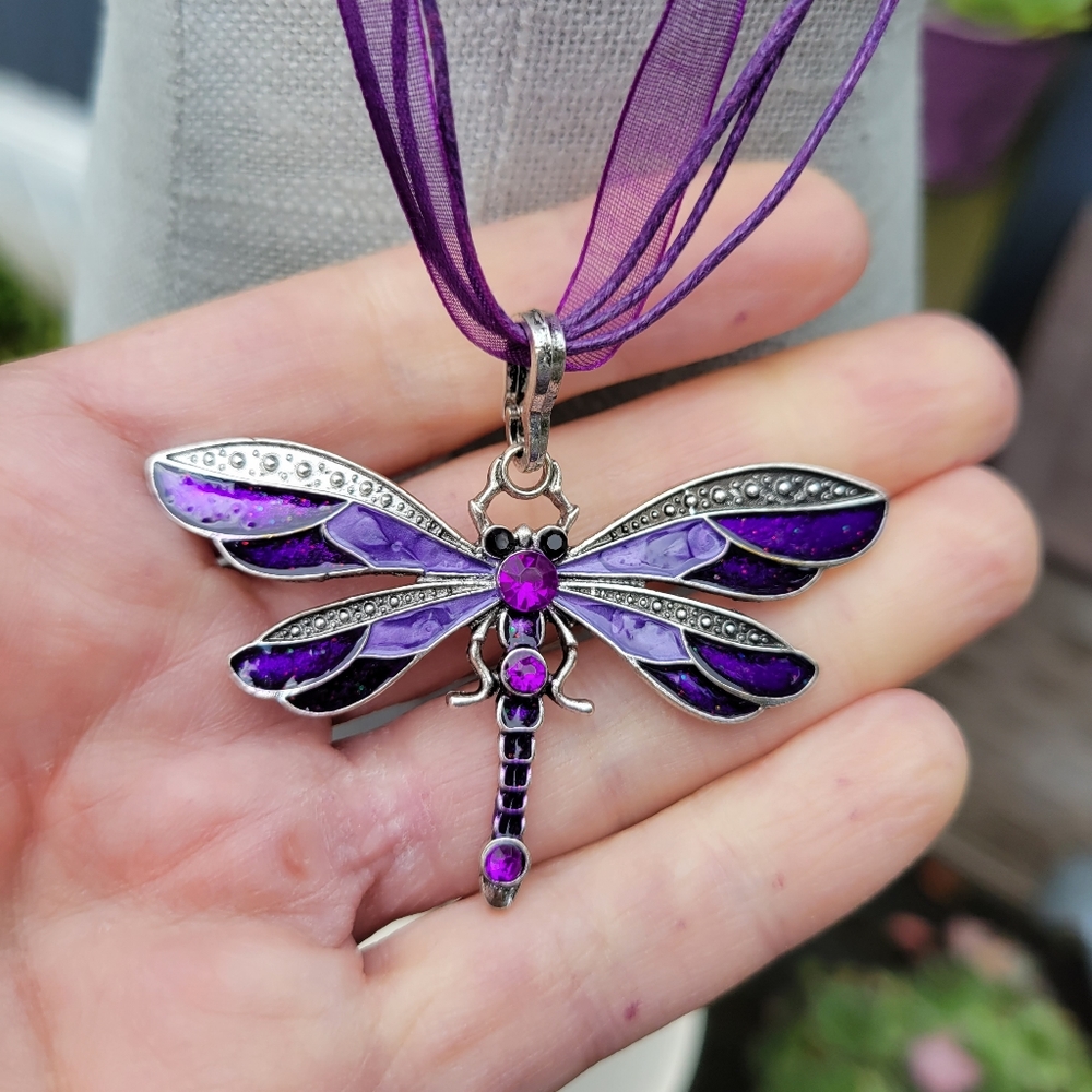 Womans enamel and rhinestone purple dragon fly necklace